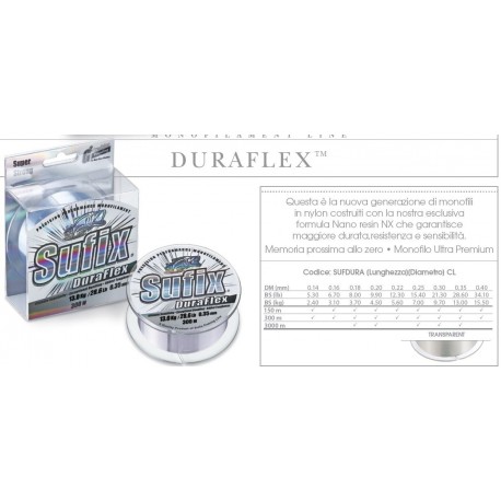 MONOFILO SUFIX DURAFLEX CLEAR 150 MT DIAM. 0,12 - 0,14 - 0,16 - 0,18 - 0,20 - 0,22 - 0,25 - 0,30 - 0,35 - 0,40 MM ( SUFDURA )